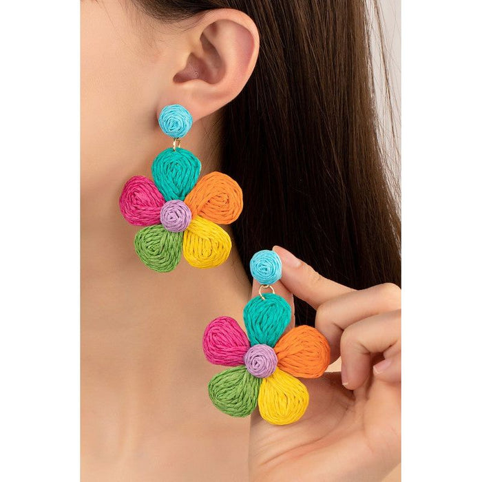 Large Raffia Straw Flower Drop Earrings