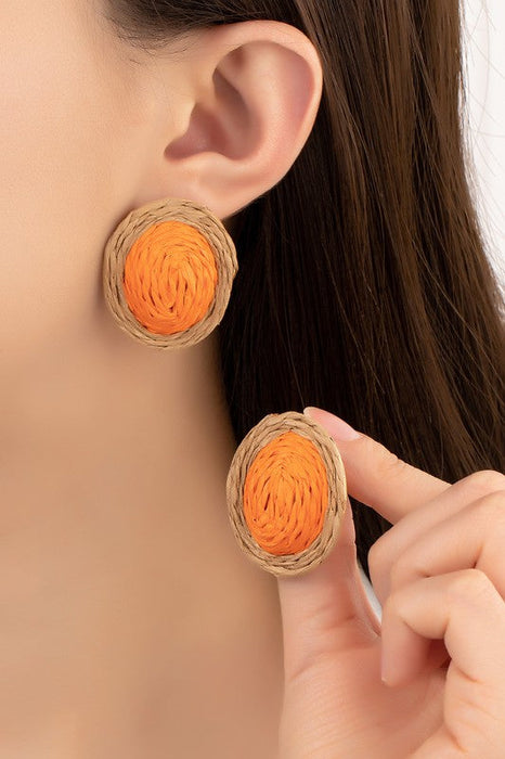 Raffia Straw Button Stud Earrings