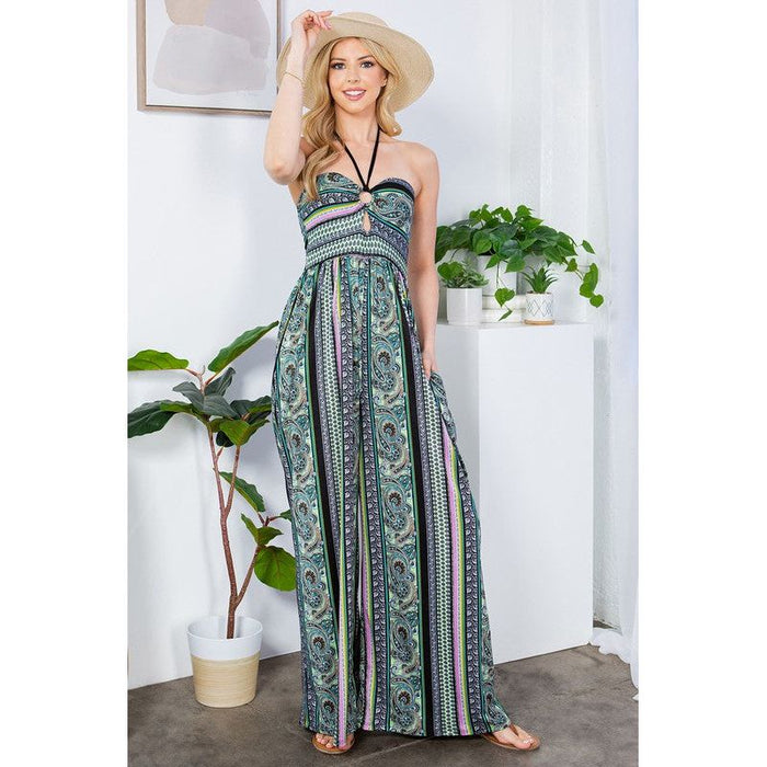 Cut Out Wide Leg Halter Jumpsuit with Pockets