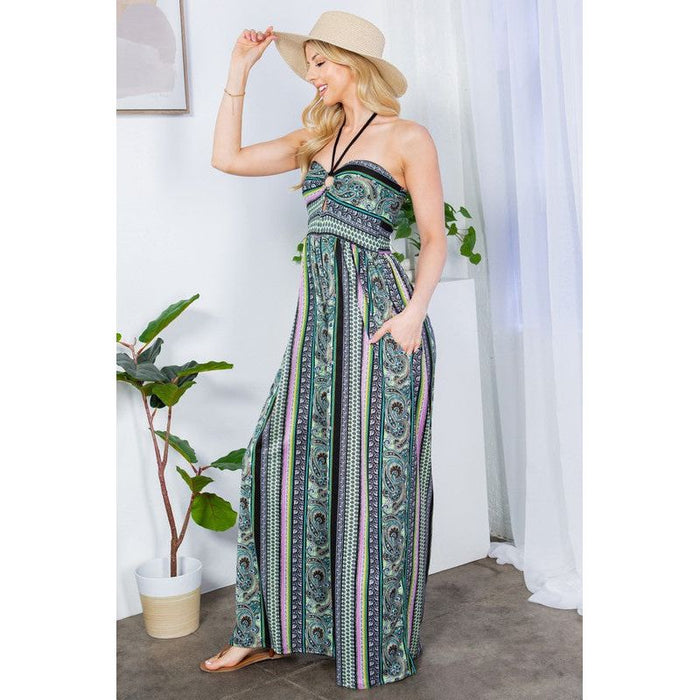 Cut Out Wide Leg Halter Jumpsuit with Pockets