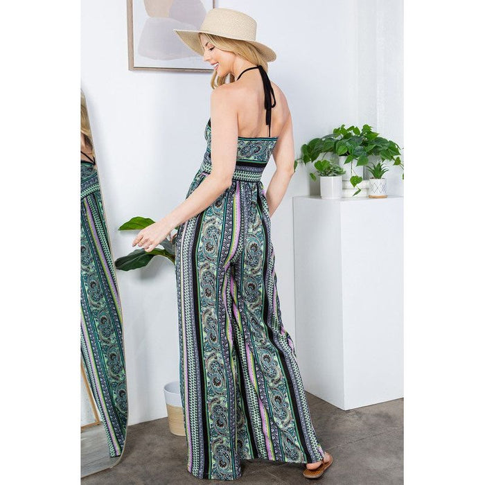 Cut Out Wide Leg Halter Jumpsuit with Pockets