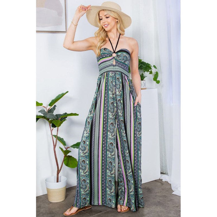 Cut Out Wide Leg Halter Jumpsuit with Pockets