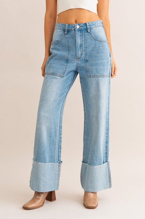 High-Waisted Wide Leg Cuffed Jeans in Light Blue Denim