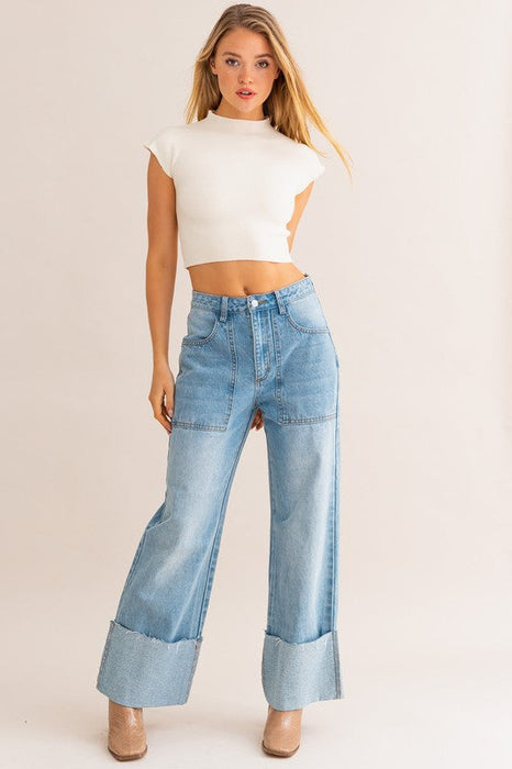 High-Waisted Wide Leg Cuffed Jeans in Light Blue Denim