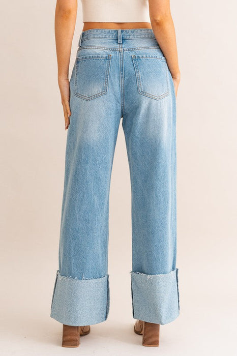 High-Waisted Wide Leg Cuffed Jeans in Light Blue Denim