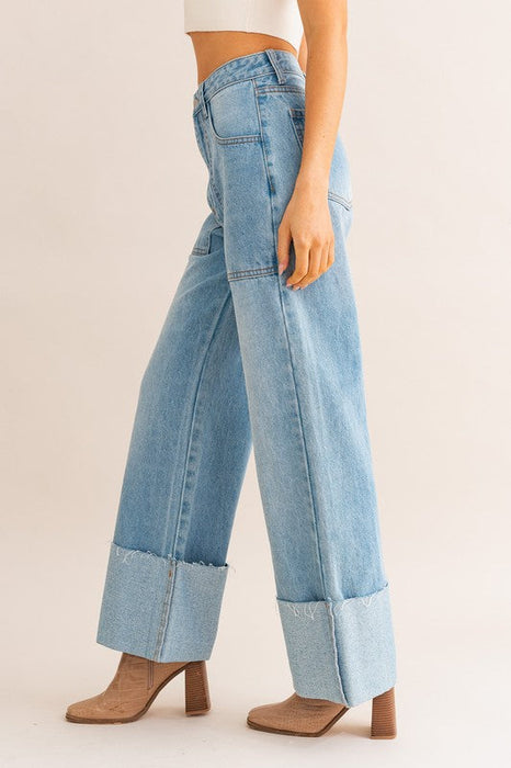 High-Waisted Wide Leg Cuffed Jeans in Light Blue Denim