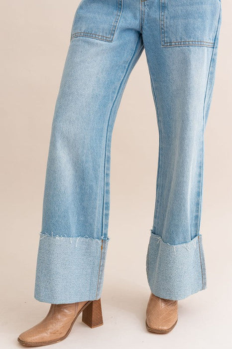 High-Waisted Wide Leg Cuffed Jeans in Light Blue Denim