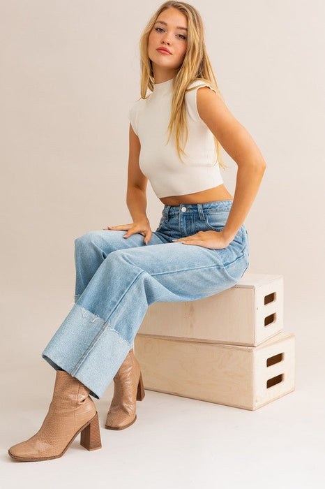 High-Waisted Wide Leg Cuffed Jeans in Light Blue Denim