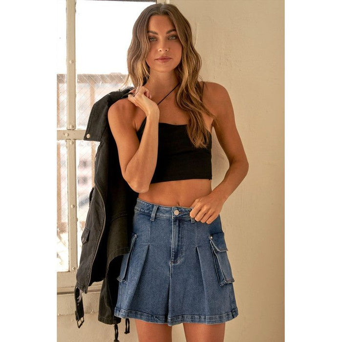 Pleated Cargo Denim Mini Skirt