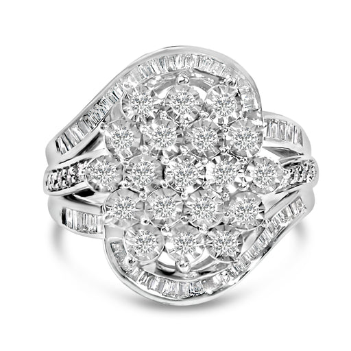Bids.com Sterling Silver 1.0 Cttw Diamond Swirl Cluster Cocktail Ring Rings
