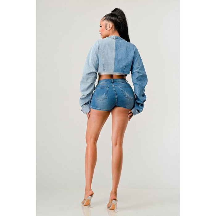 Denim Patched X-Contrast Top