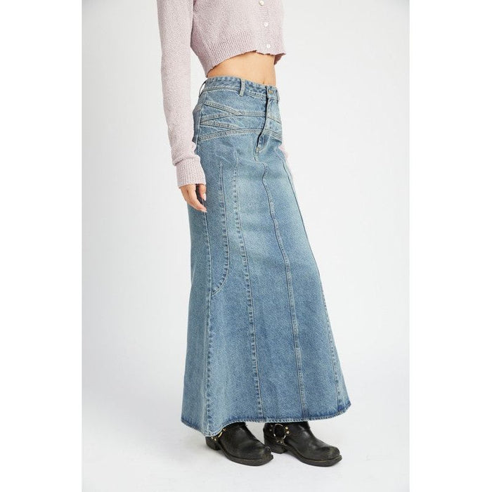 Fluted Denim Maxi Skirt