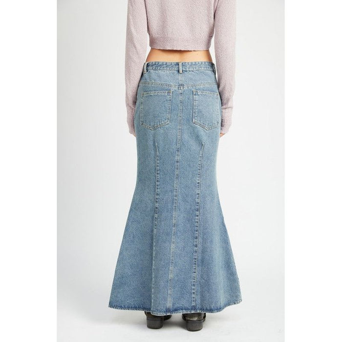 Fluted Denim Maxi Skirt