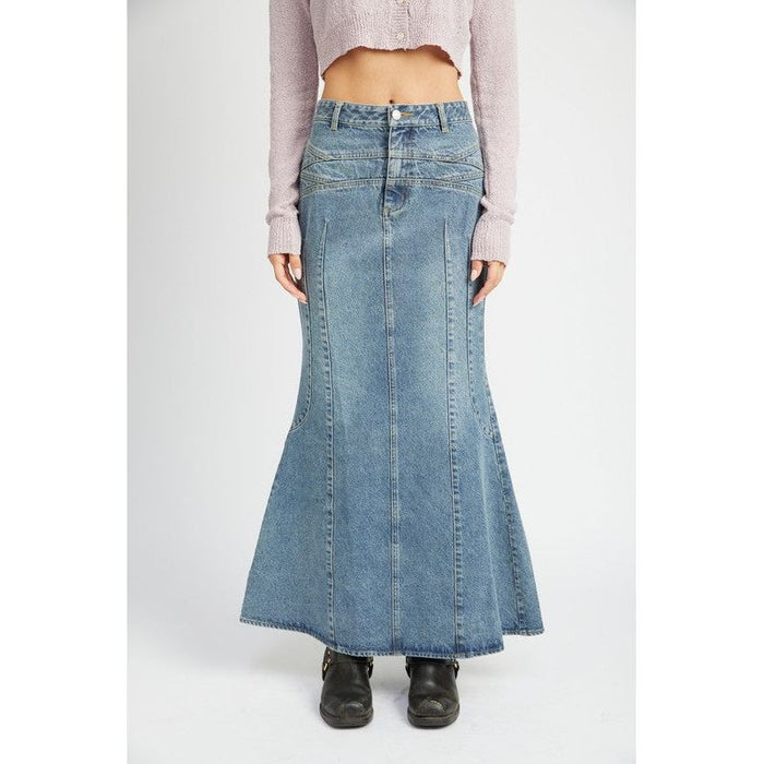 Fluted Denim Maxi Skirt