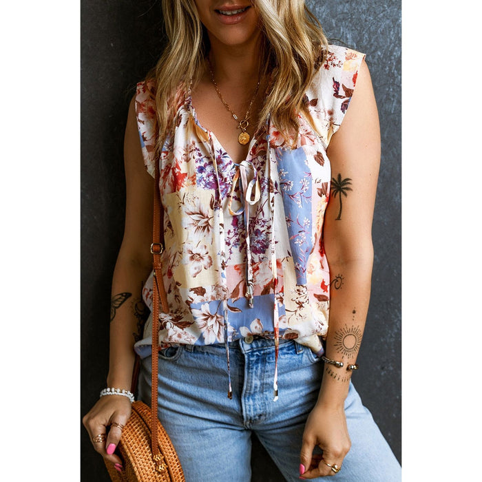 Printed Tie Neck Cap Sleeve Blouse