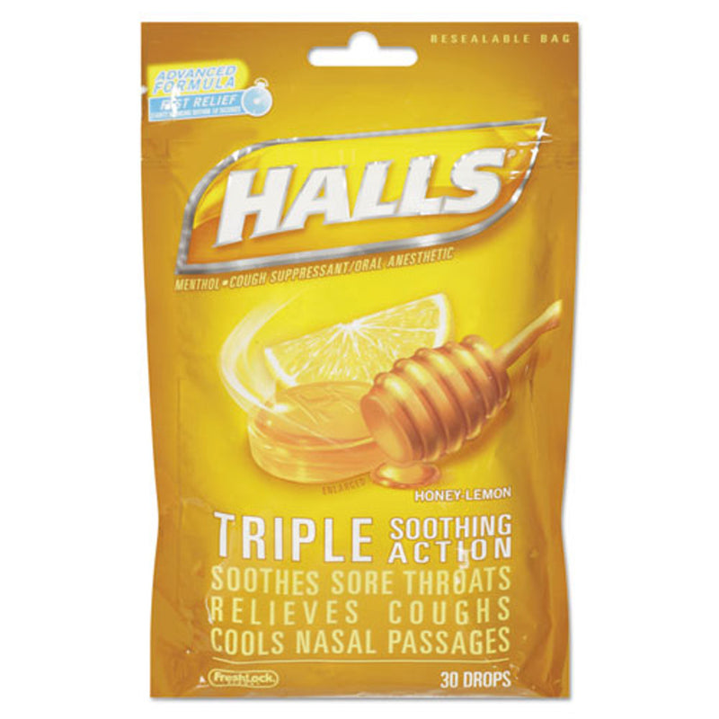 Cadbury Cadbury Halls Triple Action Cough Drops, Honey-Lemon, 30/Bag, 12 Bags/Box First Aid Sandy Brown