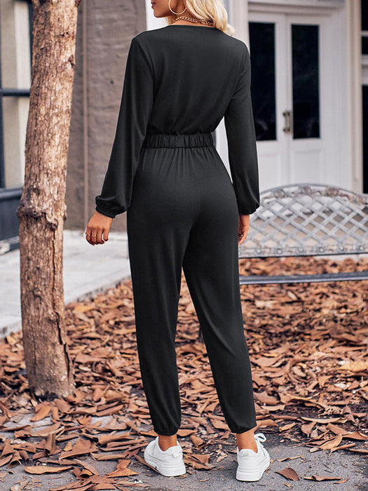 Long Sleeves Belted Elasticity V-Neck Jumpsuits by migunica