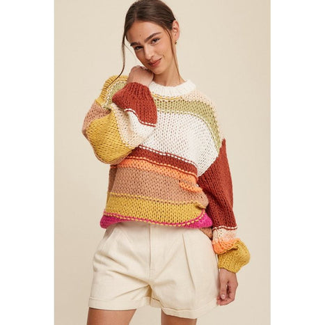 Open Mixed Knit Slouchy Hand Crochet Sweater