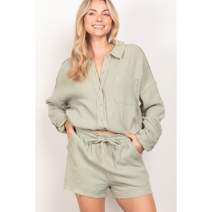 VERY J Texture Button Up Shirt and Shorts Set