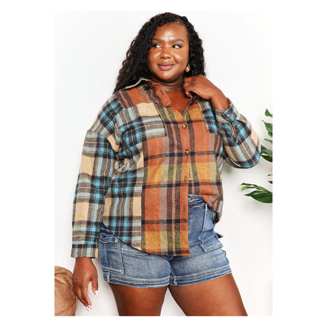 Double Take Plaid Curved Hem Shirt Jacket with Breast Pockets