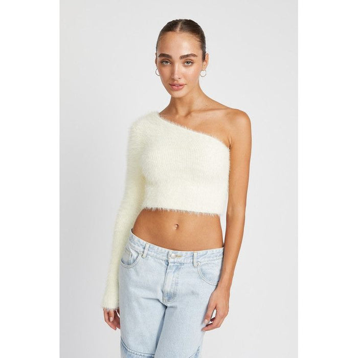 One Shoulder Fluffy Sweater Top