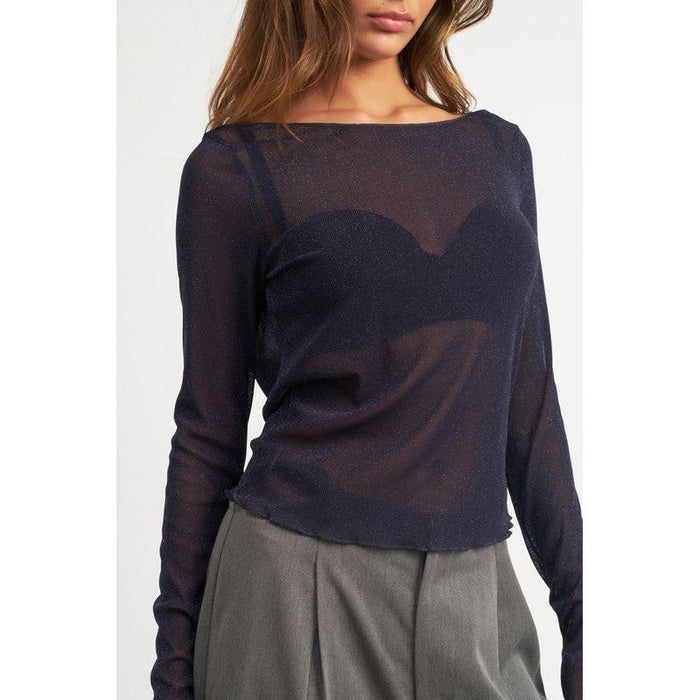 Glitter Mesh Top With Back Cowl