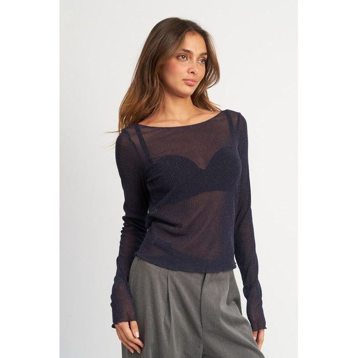 Glitter Mesh Top With Back Cowl