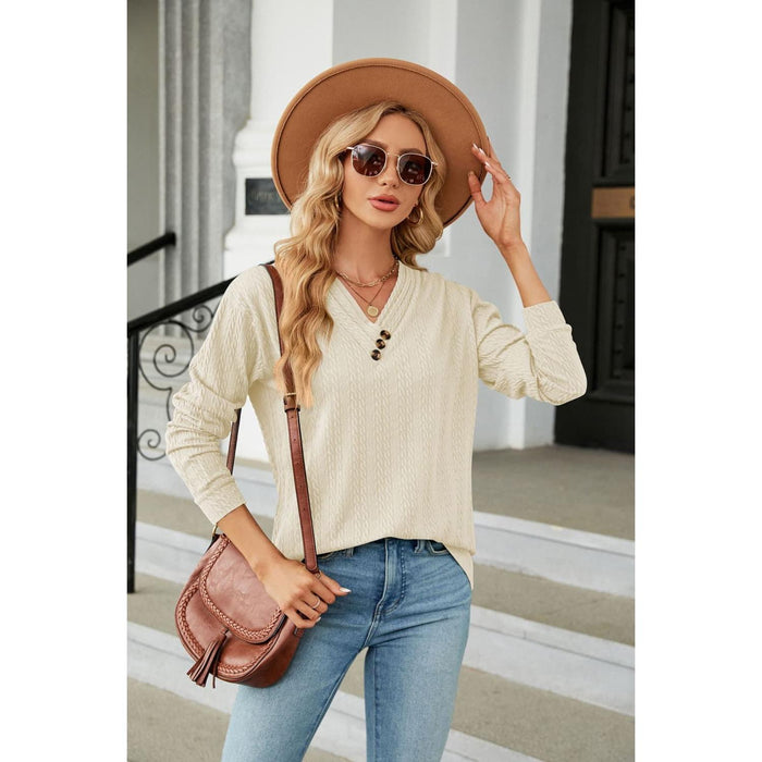 Decorative Button V-Neck Long Sleeve T-Shirt