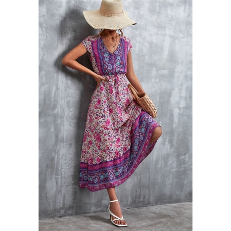 V-Neck Short Sleeve Printed Maxi Dress