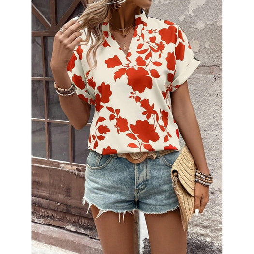 Flower Notched Short Sleeve Blouse