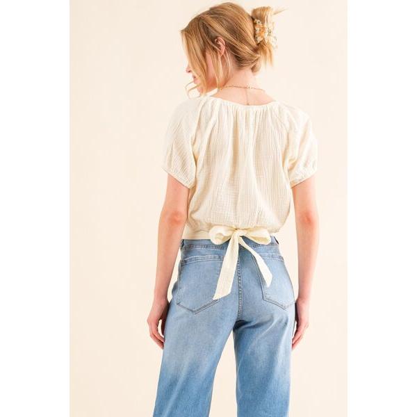 And The Why Cotton Gauze Back Waist Tie Cropped Blouse