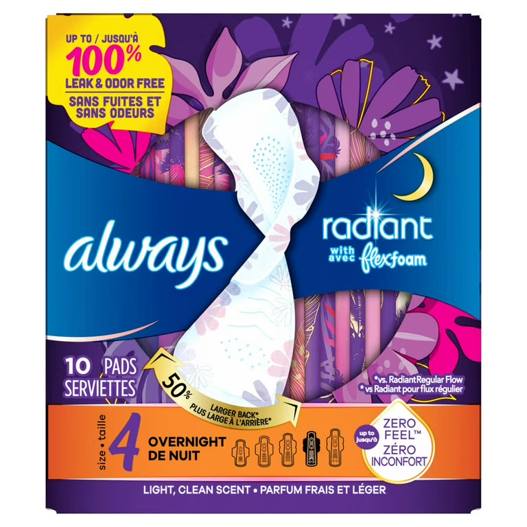 Always Always Radiant Size 4 Overnight FlexFoam Pads with Wings 10 Count Feminine Pads & Protectors