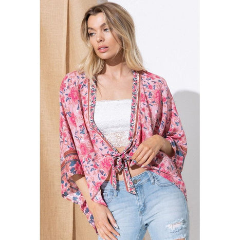 Light Woven Squared Open Kimono Cardigan With Tie