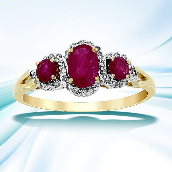 Bids.com 1.04ct Ruby Diamond 3 Stone Ring 14KT Yellow Gold Rings