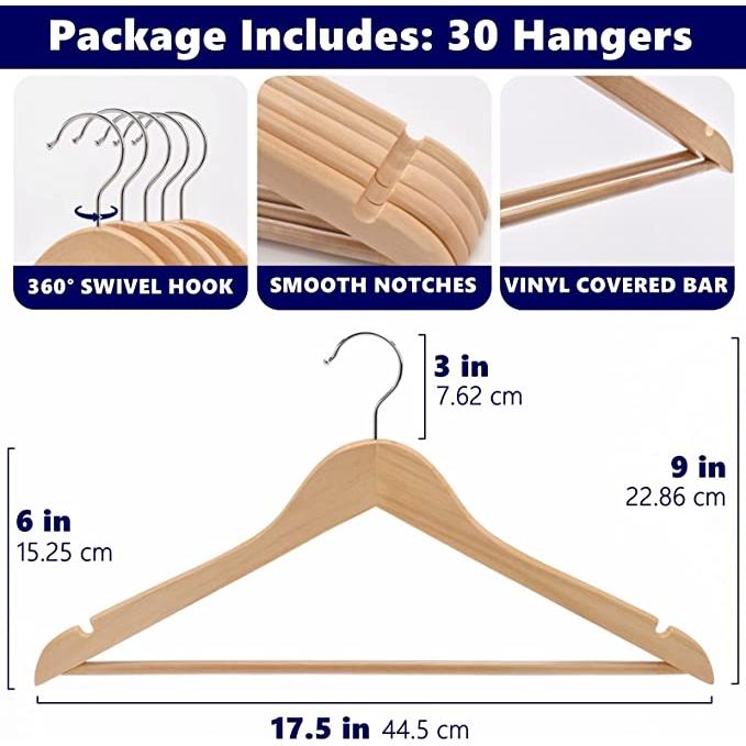 Amenities Depot Solid Wood Hangers With Chrome Hooks, 17.5 Inch (30 Pack)