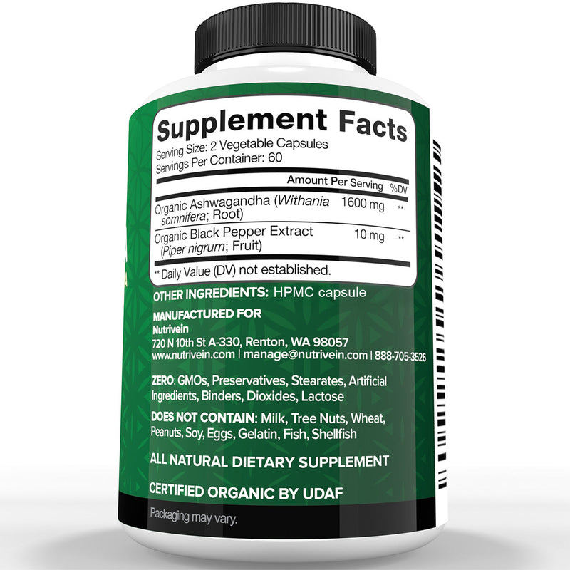Nutrivein Nutrivein Premium Ashwagandha Supplement 1600mg - 120 Capsules G8-X520-YLOM