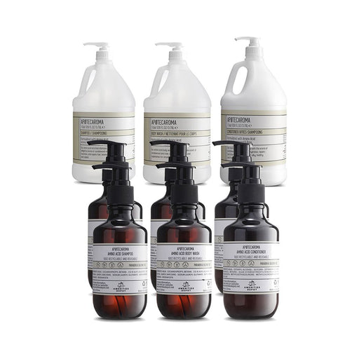 APOTECAROMA 3 Gallon Refills and 6 Pre-filled 200ML Pressure Pump Bottles Combo - Shampoo + Conditioner + Body Wash