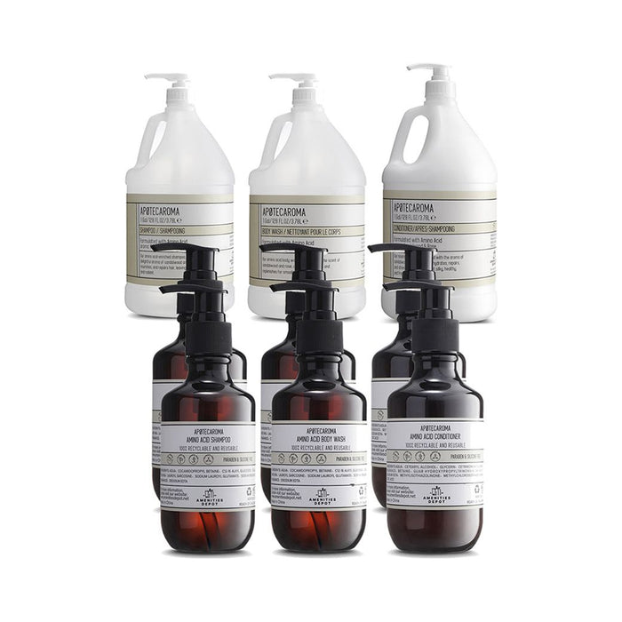 APOTECAROMA 3 Gallon Refills and 6 Pre-filled 200ML Pressure Pump Bottles Combo - Shampoo + Conditioner + Body Wash