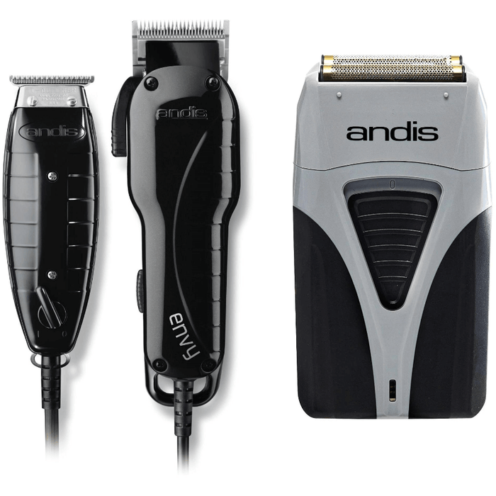 Andis Stylist Combo Clipper & Trimmer Black #66280 & Cordless Titanium Foil Shaver Ts-2 #17200, Black Fade Brush, Neck Duster, Forceone Razer, Flat Top Comb, Bottle Spray, Combo Set