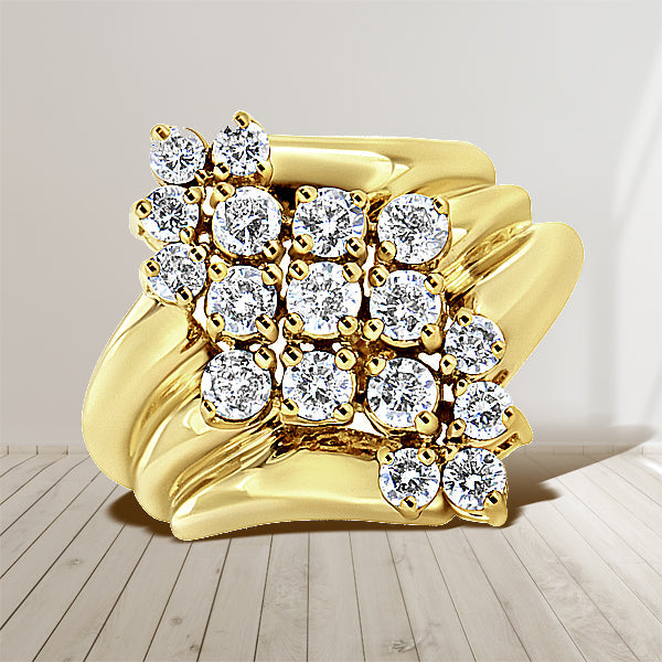 Bids.com 10K Yellow Gold 1 1/2 Cttw Diamond Cluster Tapered Shank Cocktail Ring Cocktail Ring (I-J Color, I1-I2 Clarity) - Ring Size 7 Rings