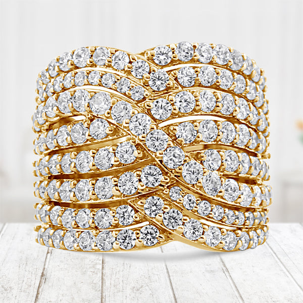 Bids.com 10K Yellow Gold 3.0 Cttw Diamond Eight-Row Bypass Crossover Statement Band Ring (H-I Color, I2-I3 Clarity) - Size 7 Rings