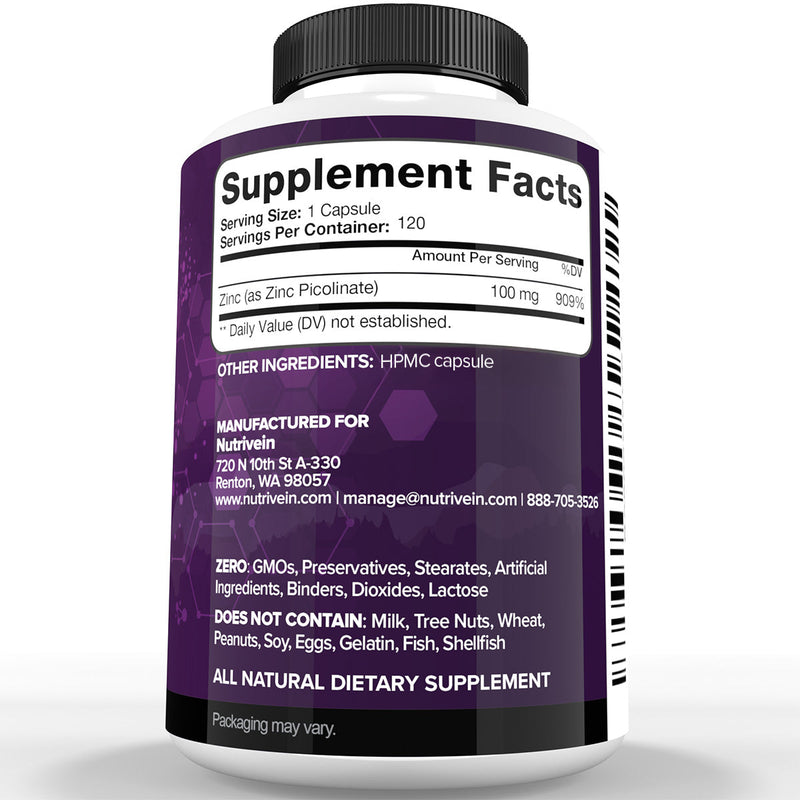 Nutrivein Nutrivein Premium Zinc Picolinate 100mg - 120 Capsules 9J-MCFT-H5FQ