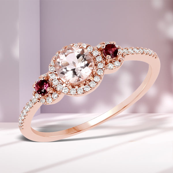 Bids.com 0.63 Carat Genuine Morganite, Pink Tourmaline and White Diamond 14K Rose Gold Ring Rings