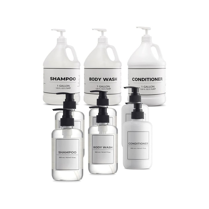 White Label Toiletries Set: 3 Gallon Refills and 6 Pre-filled 300ML Pressure Pump Bottles Combo - Shampoo + Conditioner + Body Wash