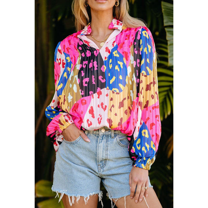 Printed Notched Long Sleeve Blouse