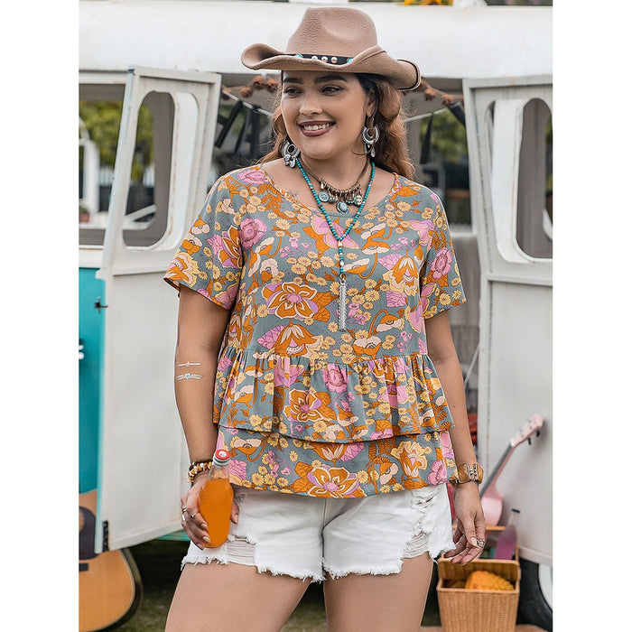 Layered Printed Round Neck Short Sleeve Blouse