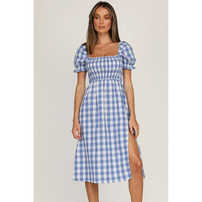 Full Size Slit Plaid Short Sleeve Midi Dress