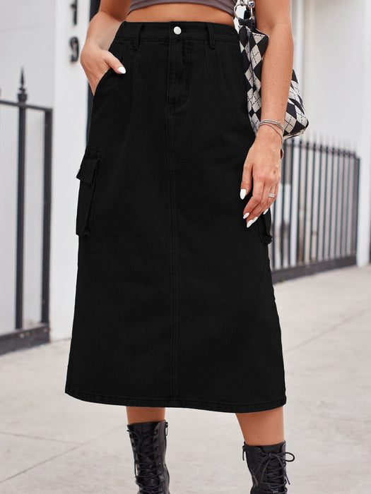 Slit Buttoned Denim Skirt with Pockets