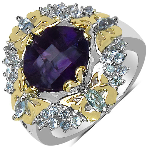 Bids.com 3.91 Carat Genuine Amethyst, Blue Topaz & White Diamond .925 Sterling Silver Ring Rings