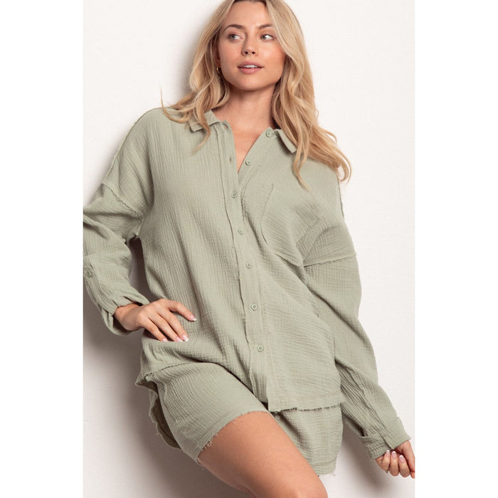 VERY J Texture Button Up Shirt and Shorts Set